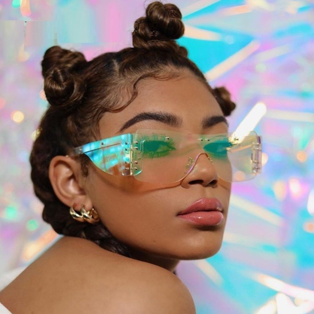 Shield Sunglasses Iridescent Lens Rivet Accents Fashion Futuristic Women Lentes‎